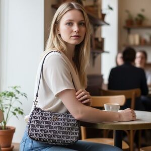 DKNY Black & White Logo Shoulder Bag with Slim Strap